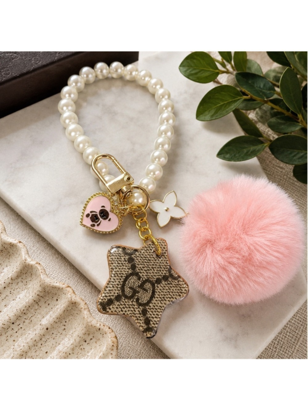 Handmade Authentic Gucci Canvas Star Keychain Pink Pom Pom Pearl Wristlet